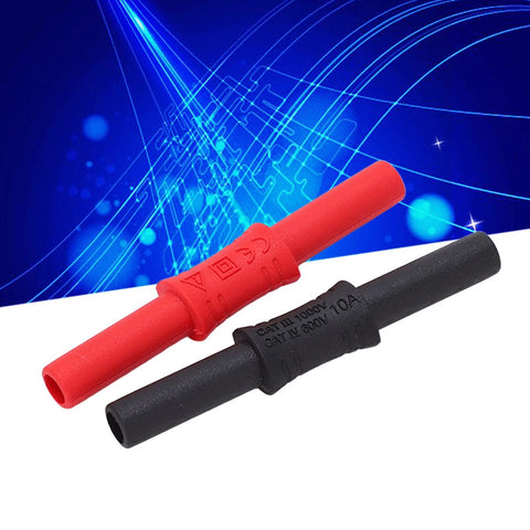 Banana coupler pair: 4mm female-to-female insulated banana connectors with PVC sleeves, red and black