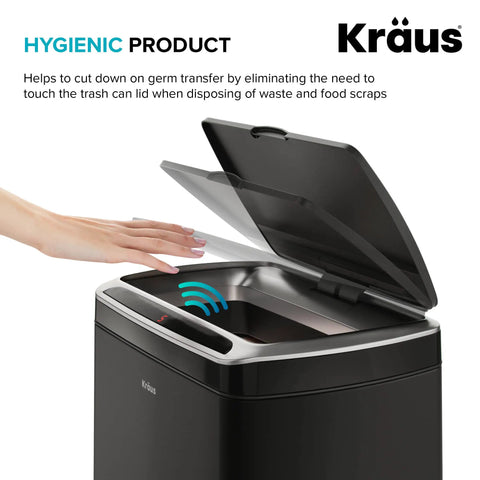 Hand activating GarbagePro 13 Gallon Rectangular Trash Can With Hands Free Motion Sensor Battery Powered Matte Black Finish SoftShut