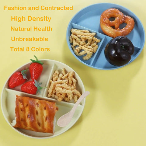 Eight Pack 9 Inch Divided Plates With Spoons Set shown with snacks and fruit, colorful plastic design for portion control meal prep.