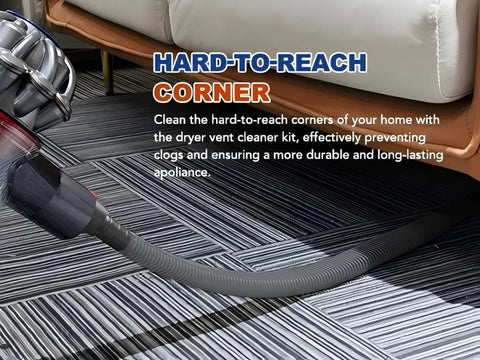 Sealegend dryer vent cleaner kit with gray corrugated hose attached to a cordless vacuum, side view