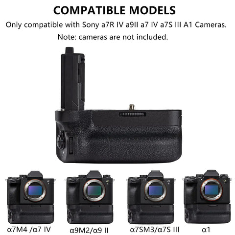 Beast Battery Grip For Alpha Cameras A7 IV A9 II A7R IV A7R V A7S III A1 Replacement Vertical Grip displayed with compatible models.