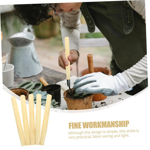 Person using Wooden Garden Tool Handles Pack Of Five For Weeding And Mowing Multipurpose Replacement Grips with potted plants