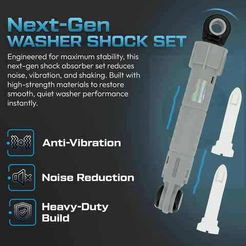 Next-Gen washer shock absorber set with anti-vibration, noise reduction features, and durable build, including two white pins