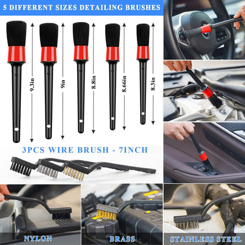 Pro Grade 42 Piece Car Wash Kit brushes and wire brushes for detailing, with various sizes shown and use on car surfaces.