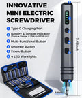 Mini Electric Screwdriver Set 140-In-1 for DIY Pros, showing screwdriver features and 120 precision bits case.