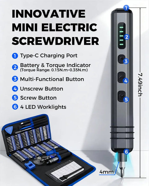 Mini Electric Screwdriver Set 140-In-1 for DIY Pros, showing screwdriver features and 120 precision bits case.