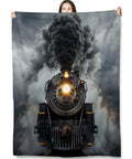 Steam Train Throw Blanket For Kids And Women So Cozy Vintage Locomotive Railway Blanket Plush Flannel 50x60 held up showcasing train design
