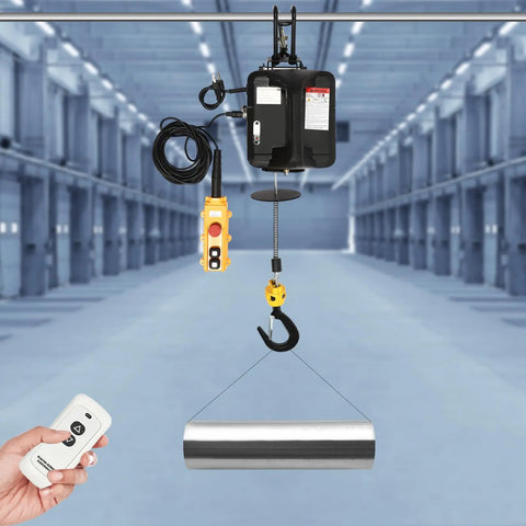Beefy 3 In 1 Electric Hoist Winch Featuring A Tough 1100 Pound Lift Capacity And Mighty 1500 Watt Motor, remote control with lifting hook.