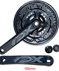 165mm mountain bike crankset with bash guard and dust covers, featuring beefy alloy 6061 chainring, 152mm crank arms shown.