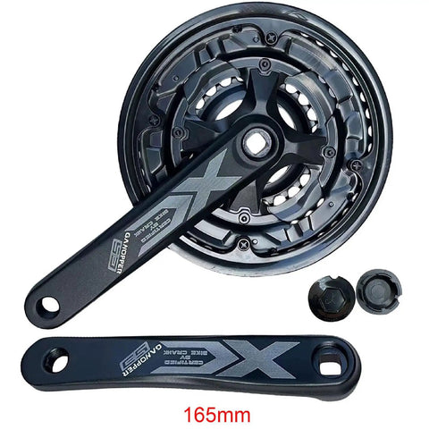 165mm mountain bike crankset with bash guard and dust covers, featuring beefy alloy 6061 chainring, 152mm crank arms shown.