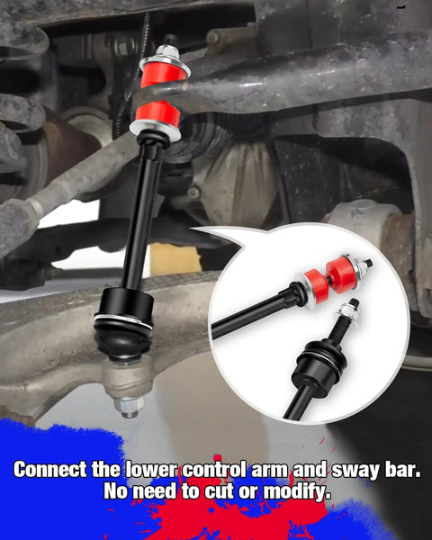 Front Sway Bar End Link Kit for Ram 1500 2006-2018 4WD and Ram Classic 2019-2024 Replaces OE 5170290AB AC AD with OE Style Front Stabilizer Link and Upgraded PU Bushing, 1 Pair Heavy Duty Design For Long Lasting Performance. Installed black steel sway bar end link with red PU bushings