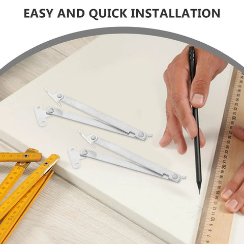 Foldable Stainless Steel Lid Support Hinges 2 Pack Easy To Install For Cabinet Doors And Display Racks on white surface, measurement tools nearby