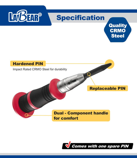 Adjustable 6 Inch Auto Center Punch With S2 Steel Tip And Spring Loaded Self Striking Design Ditch The Hammer For Precise Hole Marking On Metal Or Wood While Offering Smooth Depth Adjustment For Reliable Shop Performance with replaceable pin and dual component handle.
