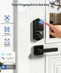 Top Shelf Fingerprint Smart Lock With Heavy Duty Lever Handles Set In Matte Black, biometric touch unlock on door.