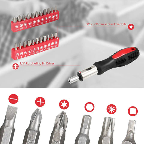 Close-up of 147 Piece Home Tool Set with screwdriver bits, bit driver, essential DIY tools for home car dorm and garage.