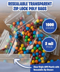 Clear 2x2 Inch Resealable Zip Top Plastic Bags 1000 Pack with colorful beads, showcasing zipper seal and 2 mil thickness.