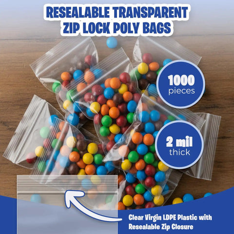 Clear 2x2 Inch Resealable Zip Top Plastic Bags 1000 Pack with colorful beads, showcasing zipper seal and 2 mil thickness.
