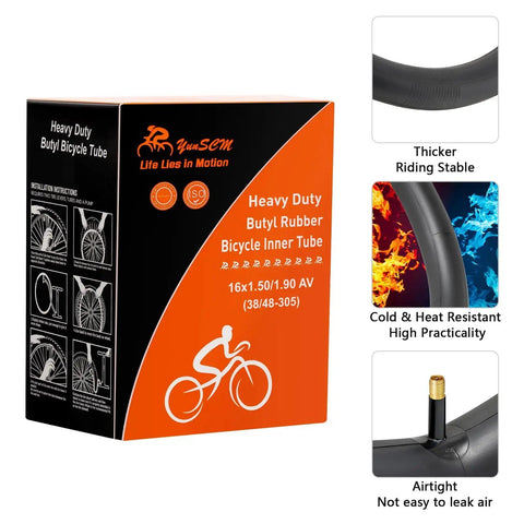 Box and close-up of Two Pack Heavy Duty 16 Inch Bike Inner Tubes 16x1.50 16x1.75 16x1.90 AV32mm Schrader Valve features