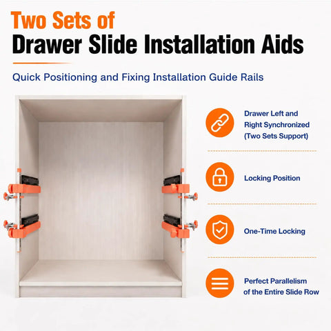 Pro Grade Drawer Slide Installation Jig With Knockout Toggle Clamp And Magnetic Aligner for aligning two sets of drawer slide guide rails.