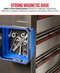 Collapsible Magnetic Parts Tray Set Pack of 3 4.25 Inch Square Tool Trays For Screws Bolts Nuts Washers Pins And Small Metal Parts Must Have Non Marring Rubber Magnet In Red Blue Green attached to a vertical metal surface holding small metal parts.