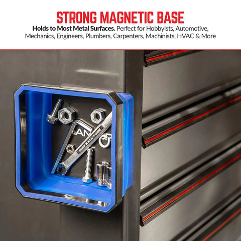 Collapsible Magnetic Parts Tray Set Pack of 3 4.25 Inch Square Tool Trays For Screws Bolts Nuts Washers Pins And Small Metal Parts Must Have Non Marring Rubber Magnet In Red Blue Green attached to a vertical metal surface holding small metal parts.