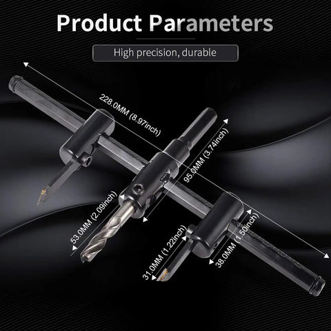 Heavy Duty Adjustable Circle Hole Cutter Saw Kit For Wood And Drywall Precision Dual Blade Drill Bit with dimensions shown.