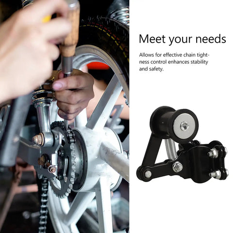 Black Iron Chain Tensioner Kit For Off Road Motorcycle Roller Guide Adjuster Enhances Safety and Performance With Super Easy Installation And No Special Tools Needed For Your Ride installed on bike chain