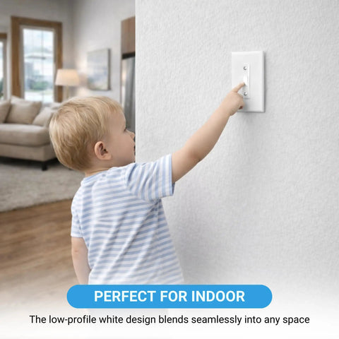 Child attempting to toggle a switch with 4 Pack White Toggle Switch Guard Covers That Screw On To Lock Your Switches In Place For Kid Safety And Appliance Protection Universal Fit No Fuss Setup installed.