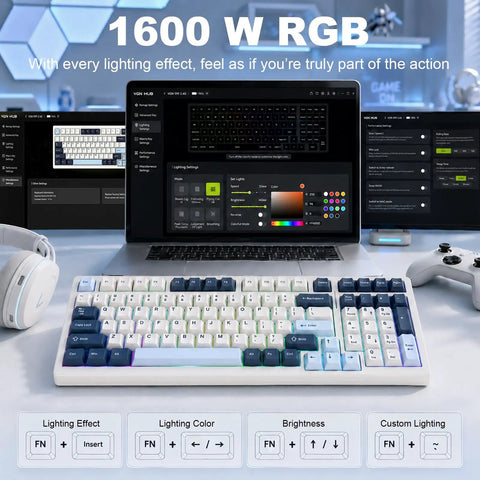 Game Ready Mechanical Keyboard Featuring Slick Tri Mode Wireless Bluetooth And 2.4GHz Setup For Lag Free Multi Device Pairing And A Rock Solid USB C Wired Backup For Gamers with RGB settings on a laptop screen.
