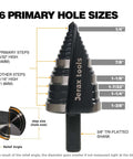 Front view of Jerax Tools step drill bit, 1/4–1-3/8 in., M2 high-speed steel, 3/8 in. tri-flatted shank