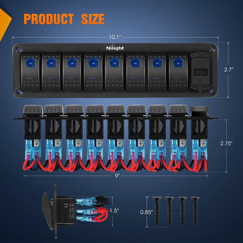 8 Gang Rocker Switch Panel With PD Type C USB Charger Voltmeter 12V SPST On Off Toggle Switches Blue Backlit Waterproof