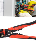 Red Automatic Wire Stripping Pliers High Carbon Steel Multi Functional Cable Cutting Tool For Efficient Electrical Repair And Machine Maintenance Work Perfect For Pro Mechanics in use on wiring panel.