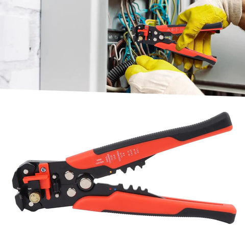 Red Automatic Wire Stripping Pliers High Carbon Steel Multi Functional Cable Cutting Tool For Efficient Electrical Repair And Machine Maintenance Work Perfect For Pro Mechanics in use on wiring panel.