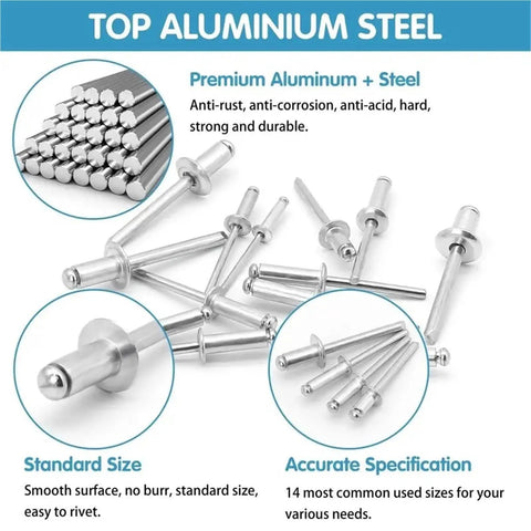 Aluminum Blind Rivet Assortment Kit With Eight Sizes for metal DIY projects showcasing various rivets against a white background.