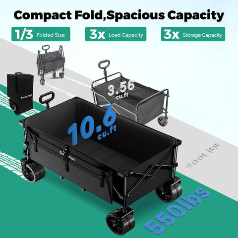 Beefed Up Heavy Duty Foldable Wagon Cart With 300L Storage And 550 Lb Capacity 49 Inch Long Utility Wagon in black shown open and folded.