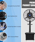 Heavy Duty Oscillating Pedestal Fan With Built In Mister And Nine Gallon Tank Three Speed Settings for outdoor use, showing security mesh and water circulation.