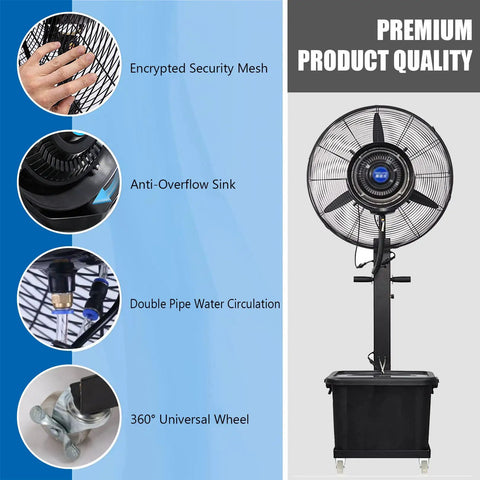 Heavy Duty Oscillating Pedestal Fan With Built In Mister And Nine Gallon Tank Three Speed Settings for outdoor use, showing security mesh and water circulation.