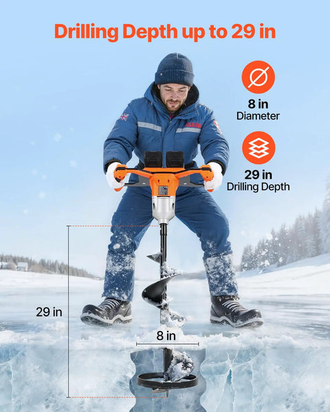 Person using Beast Mode 40V Electric Ice Auger With 8 Inch Diameter for deep ice drilling, showcasing 29-inch depth capability.