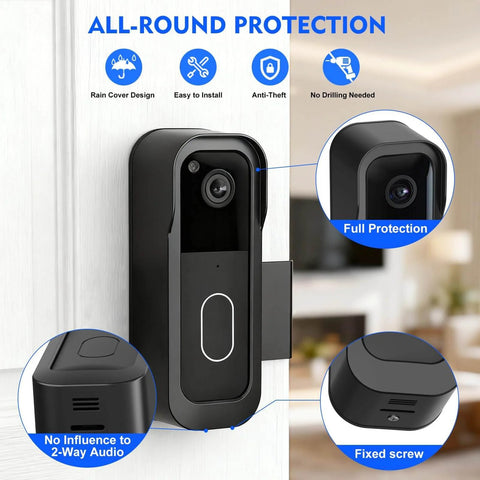 No Drill Video Doorbell Mount With Anti Theft Design And Rain Cover For 1st Gen And 2nd Gen Video Doorbell installed on door.