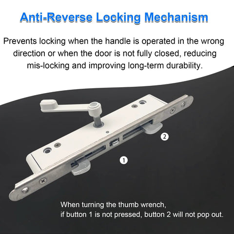 Anti-reverse locking mechanism of Sliding Patio Door Handle Set With Mortise Lock Reversible And Keyed White Finish Fits 1.5 To 2 Inches Thick Sliding Glass Doors 4 15 Sixteenths Inch Screw Holes Requires Drilling Heavy Duty Zinc Aluminum Build
