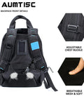 Super Tough Rugged Heavy Duty Tool Bag Backpack For Men With Massive Storage 49 Pockets Sleeves And Loops Perfect Organizer For Construction Jobsite Electrician HVAC Techs And Repair Work Breathable Mesh Back Keeps You Cool All Day, adjustable chest buckle, and breathable mesh detail.