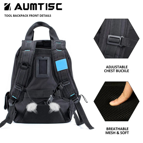 Super Tough Rugged Heavy Duty Tool Bag Backpack For Men With Massive Storage 49 Pockets Sleeves And Loops Perfect Organizer For Construction Jobsite Electrician HVAC Techs And Repair Work Breathable Mesh Back Keeps You Cool All Day, adjustable chest buckle, and breathable mesh detail.