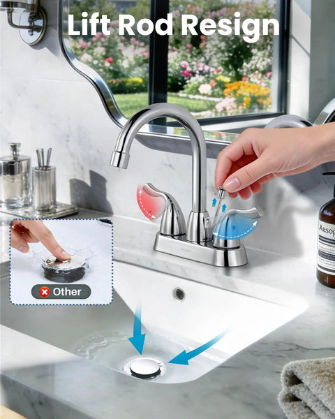 Two-Handle Chrome 4-Inch Centerset Bathroom Faucet With Drain Assembly And Supply Hoses, 360-Degree Rotating Spout in use