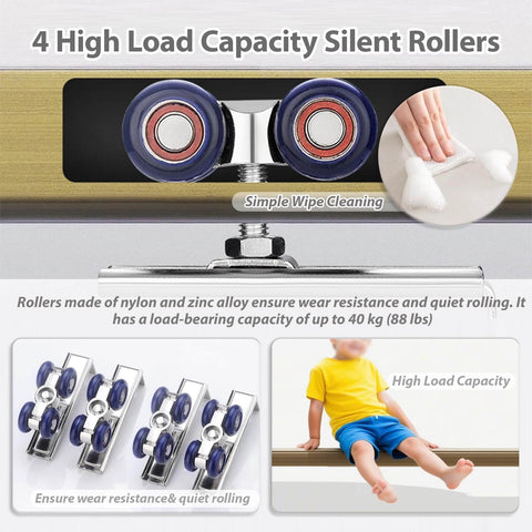Double Closet Door Track Hardware Kit For Quiet Sliding Adjustable 20 To 158 Inch Aluminum Barn Door System in champagne finish with silent nylon and zinc alloy rollers, showing 4 high load capacity silent rollers with cleaning demonstration.