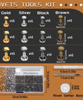540 Piece Leather Rivet Kit With Three Sizes Double Cap Rivets And Leather Rivet Setting Tools in gold, silver, black, and brown