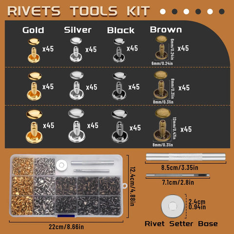 540 Piece Leather Rivet Kit With Three Sizes Double Cap Rivets And Leather Rivet Setting Tools in gold, silver, black, and brown