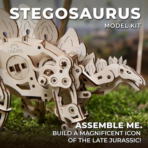 Stegosaurus 3D Puzzle Kit For Adults, Mechanical Dinosaur Model With 305 Pieces, DIY Assembly Project, Hands On Dino Build Gift, Educational And Fun For Grownups And Kids, Interactive Gear System. Wooden stegosaurus side view on moss