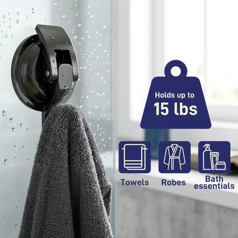 Heavy Duty Vacuum Suction Cup Hooks Black 2 Pack For Smooth Walls And Glass Zero Drama Mounting Hella Strong Suction Grip No Drill Needed For Bathroom Kitchen Setup And Dope Home Storage Solutions with towel hanging in shower.