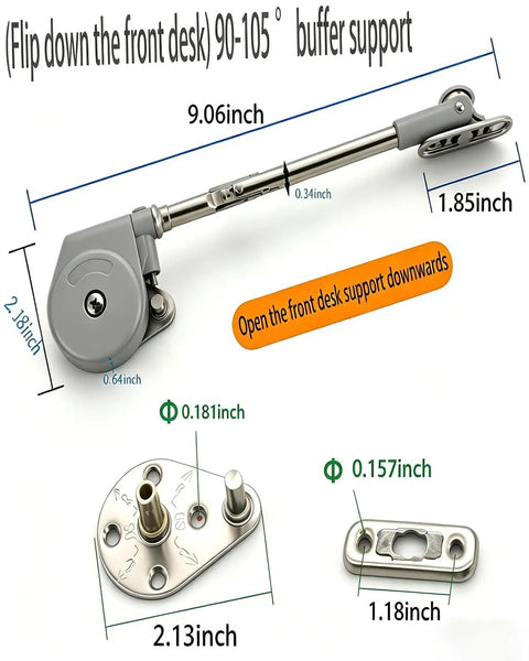 Soft Closing Cabinet Hinge With 105 Degree Pull Down Support, detailed dimensions, metallic components, buffer support