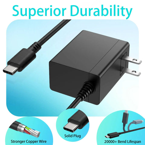 Fast USB-C Charger For Nintendo Switch With USB-C Cord, Compatible With Switch OLED, Switch Lite, And Steam Deck, Powers TV Mode Dock, High Output For Smooth Console Play On Big Screen. Black USB-C charger with cable and solid plug, 20000+ bend lifespan